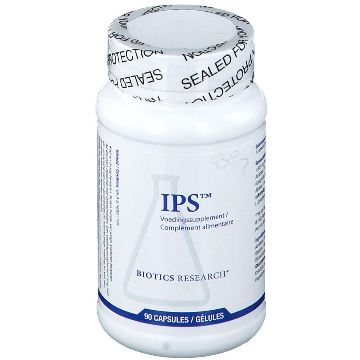 Weiße Flasche mit Kapseln. Aufschrift IPS, Voedingssupplement/Complément alimentaire. 90 Kapseln. BIOTICS RESEARCH.