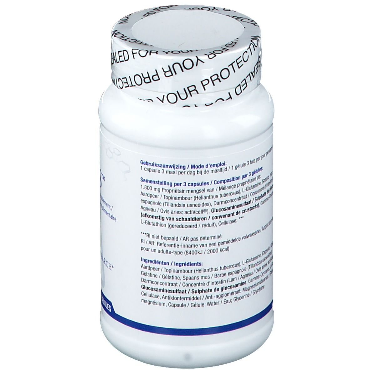 Rückseite der weißen Flasche mit Kapseln. Text in Niederländisch und Französisch. BIOTICS RESEARCH. Barcode.