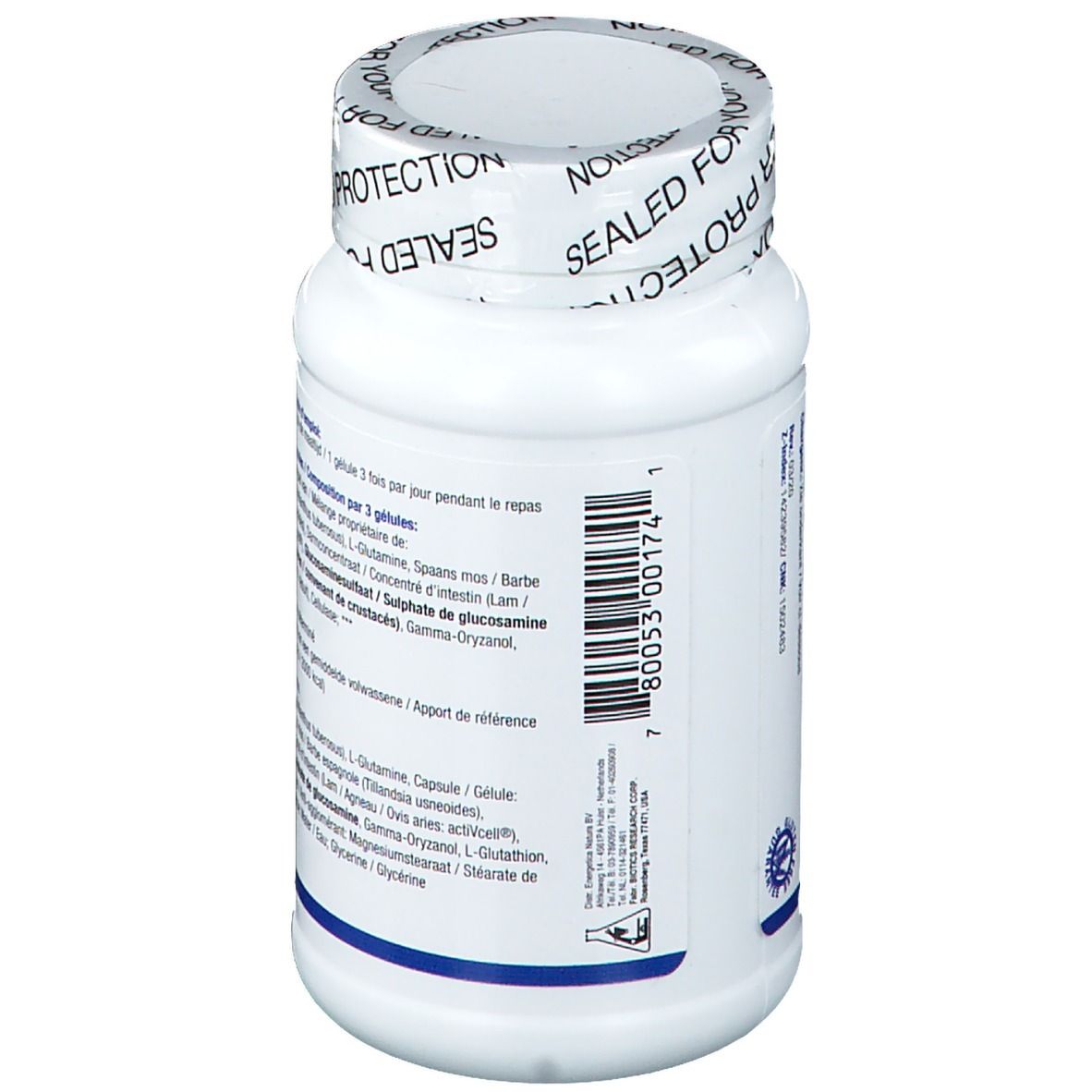 Rückseite der weißen Flasche mit Kapseln. Text in Niederländisch und Französisch. Barcode. BIOTICS RESEARCH.