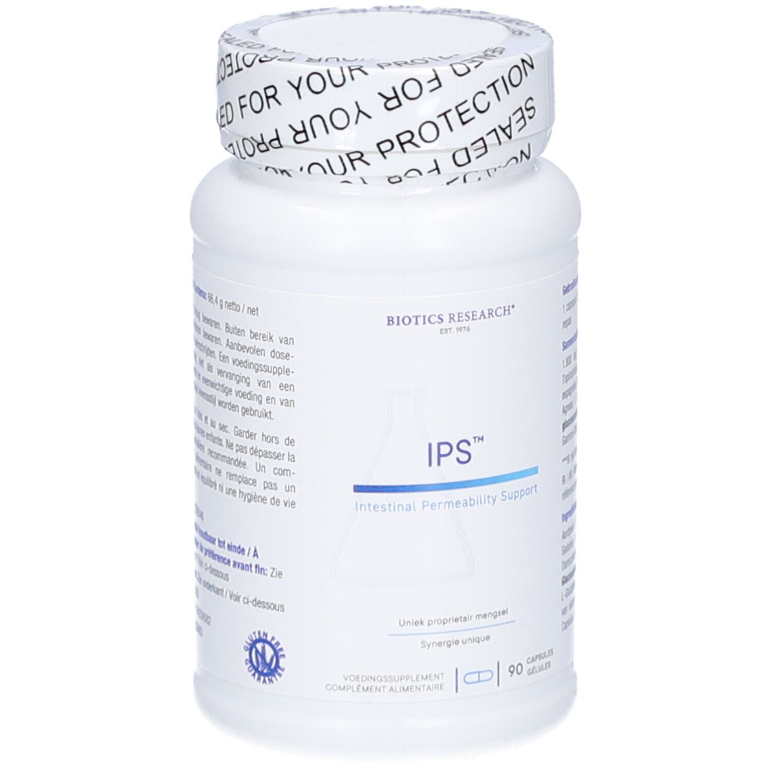 Weiße Flasche mit Kapseln. Aufschrift IPS, Intestinal Permeability Support. 90 Kapseln. BIOTICS RESEARCH.