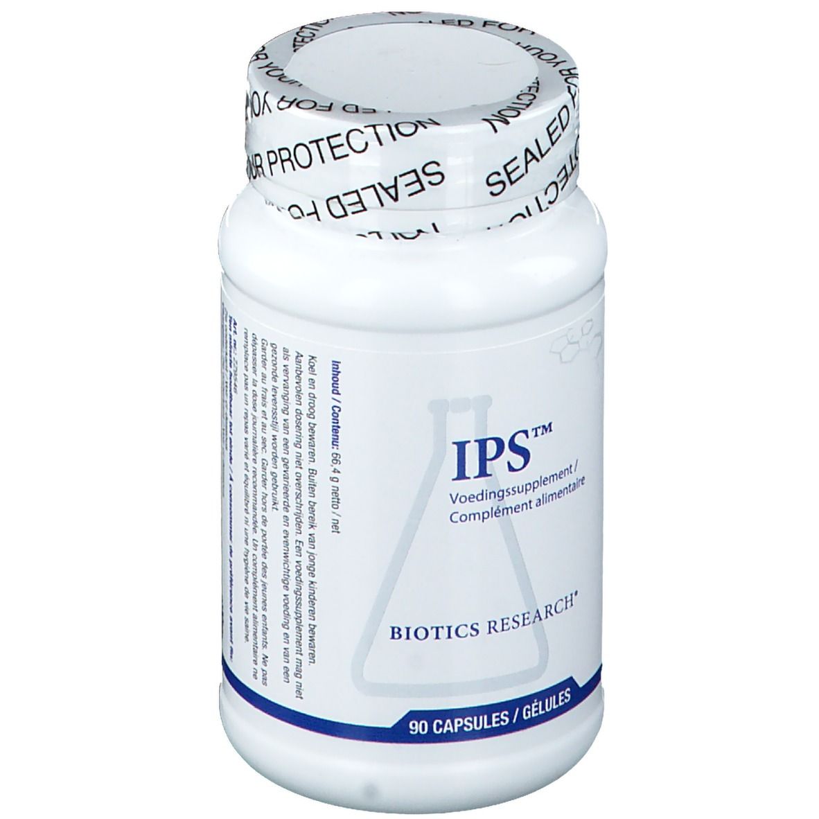 Weiße Flasche mit Kapseln. Aufschrift IPS, Voedingssupplement/Complément alimentaire. 90 Kapseln. BIOTICS RESEARCH.