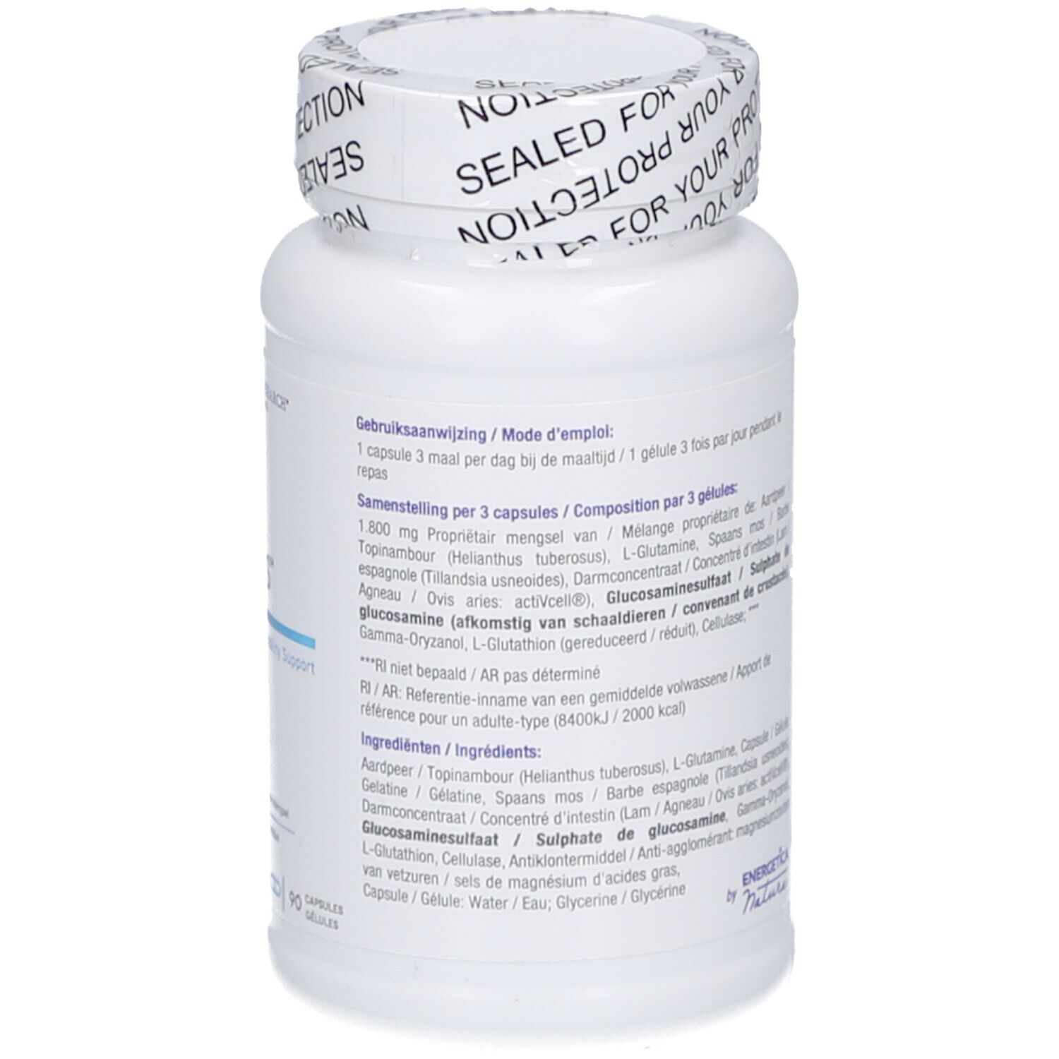 Rückseite der weißen Flasche mit Kapseln. Text in Niederländisch und Französisch. BIOTICS RESEARCH. 90 Kapseln.