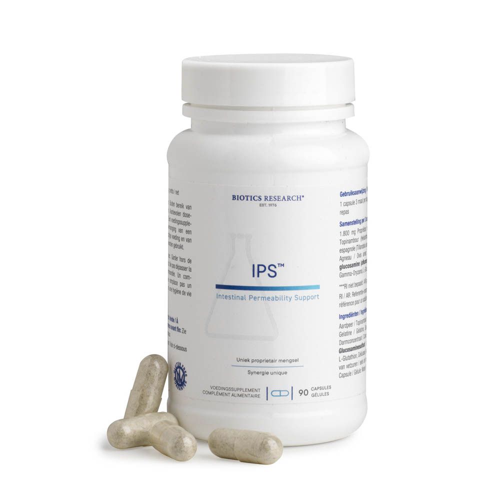 Weiße Flasche mit Kapseln und drei Kapseln daneben. Aufschrift: IPS. Marke: Biotics Research. 90 Kapseln.