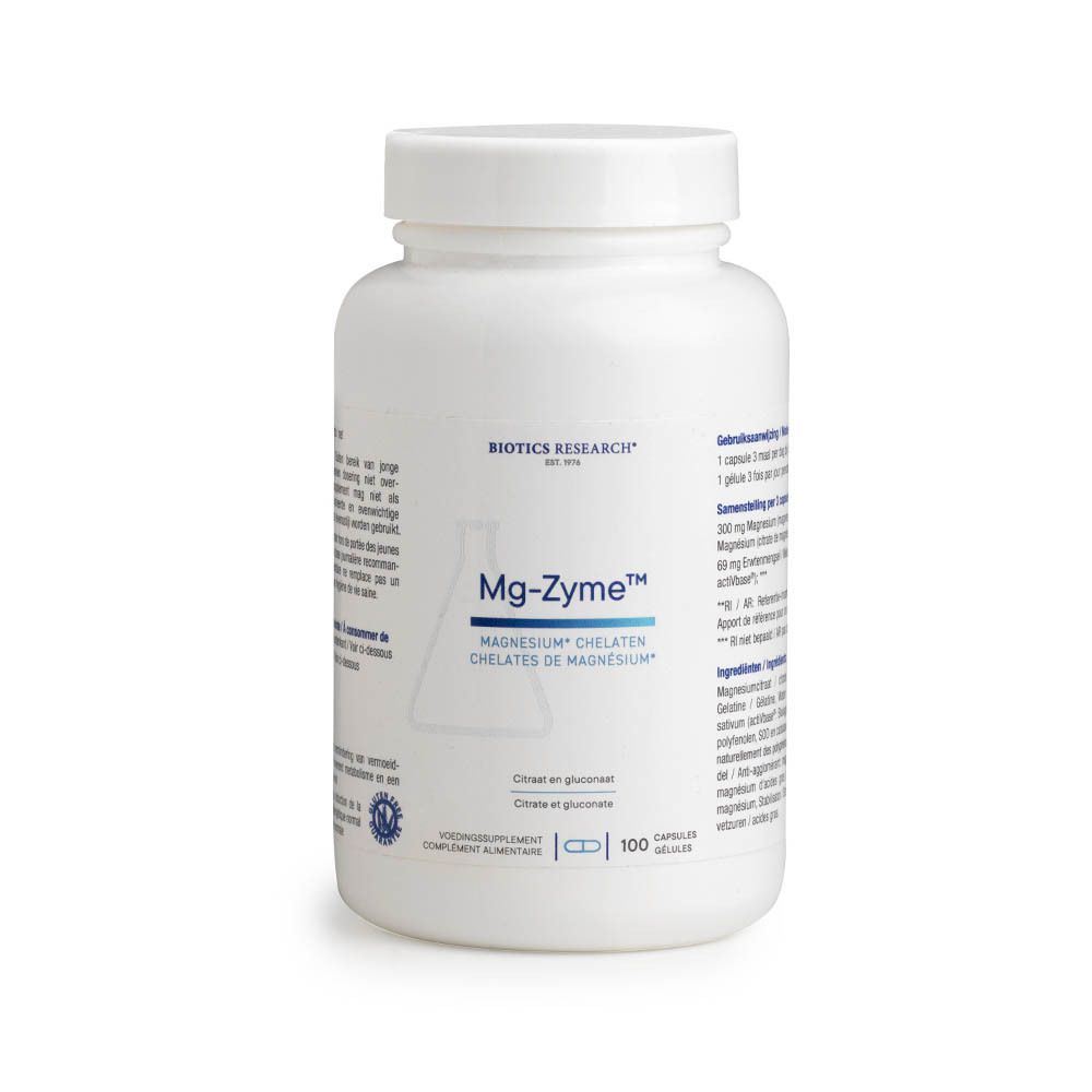 Flacon blanc de gélules. Inscription: Mg-Zyme, chélates de magnésium. Marque: Biotics Research. 100 gélules.