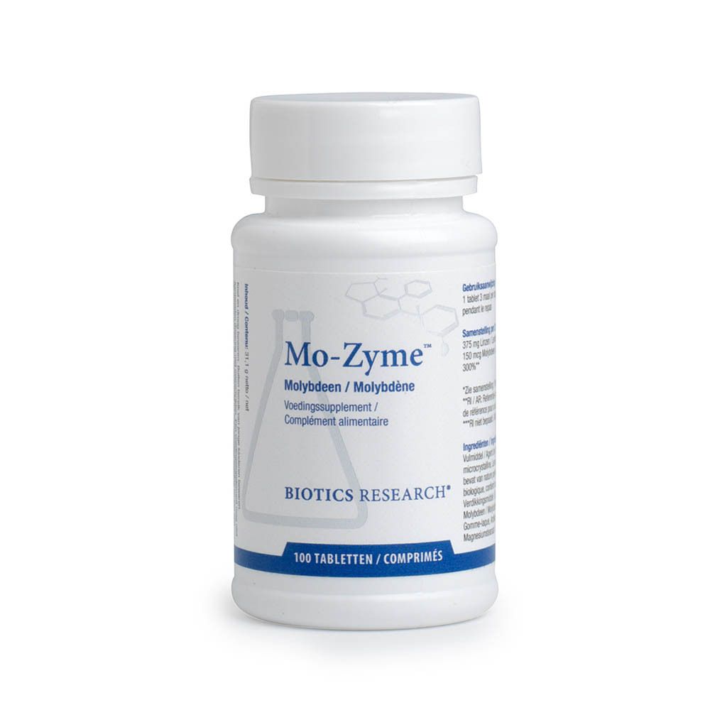 Flacon blanc de comprimés Mo-Zyme. Inscriptions: BIOTICS RESEARCH, Mo-Zyme, 100 comprimés. Sceau.