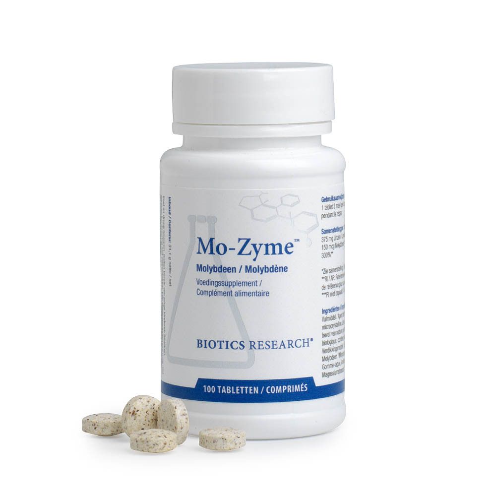 Flacon blanc de comprimés Mo-Zyme. Inscriptions: BIOTICS RESEARCH, Mo-Zyme, 100 comprimés. Sceau.