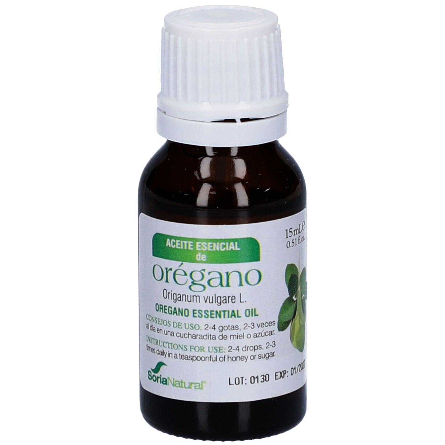 Flacon en verre brun avec bouchon blanc. Étiquette avec informations produit et graphique de trèfle. SoriaNatural®.