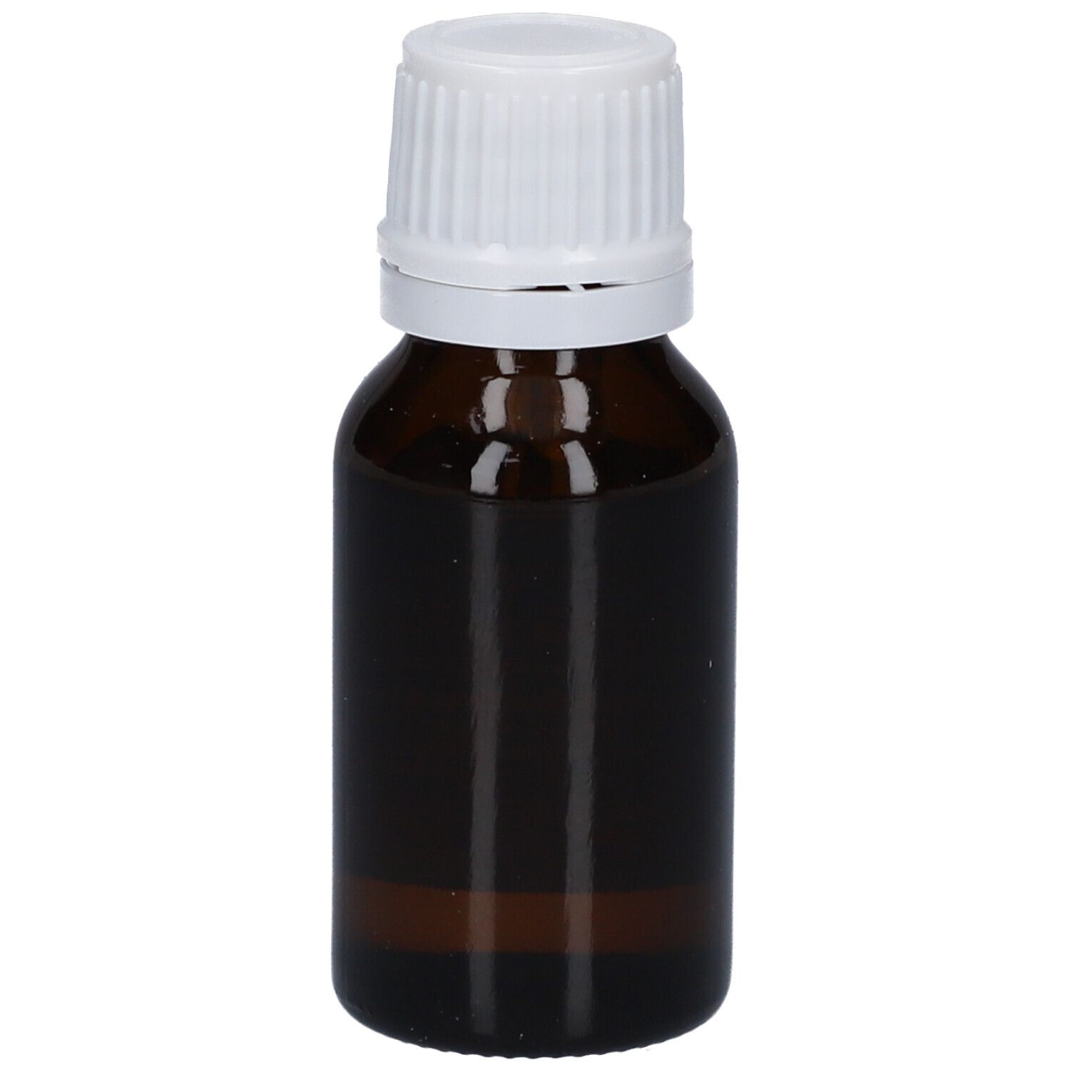 Flacon en verre brun avec bouchon à vis blanc. Aucune étiquette ni inscription visible.