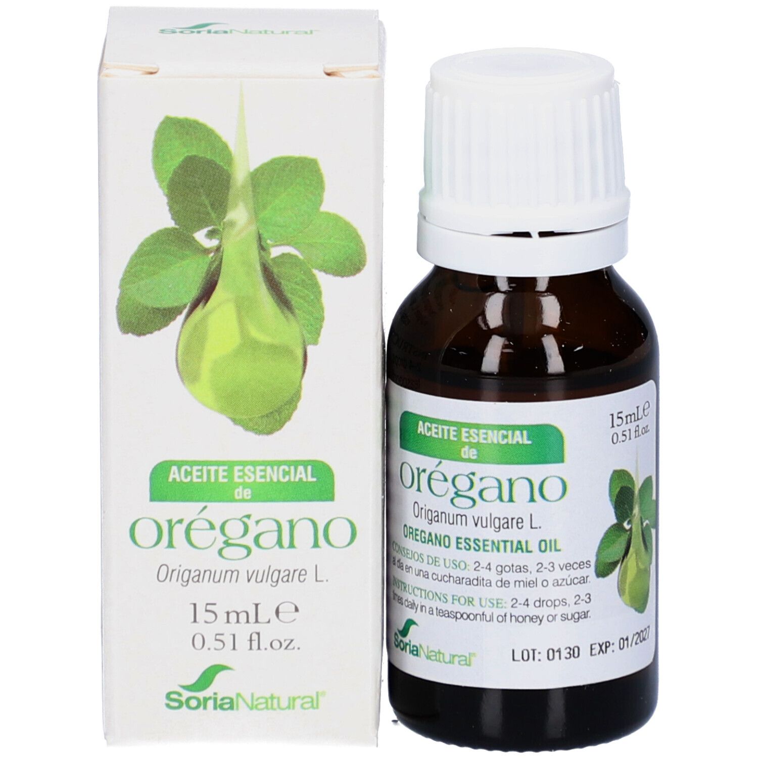 Flacon et boîte. Flacon: verre brun, bouchon blanc. Boîte: blanche, étiquette verte, graphique de trèfle. SoriaNatural®.