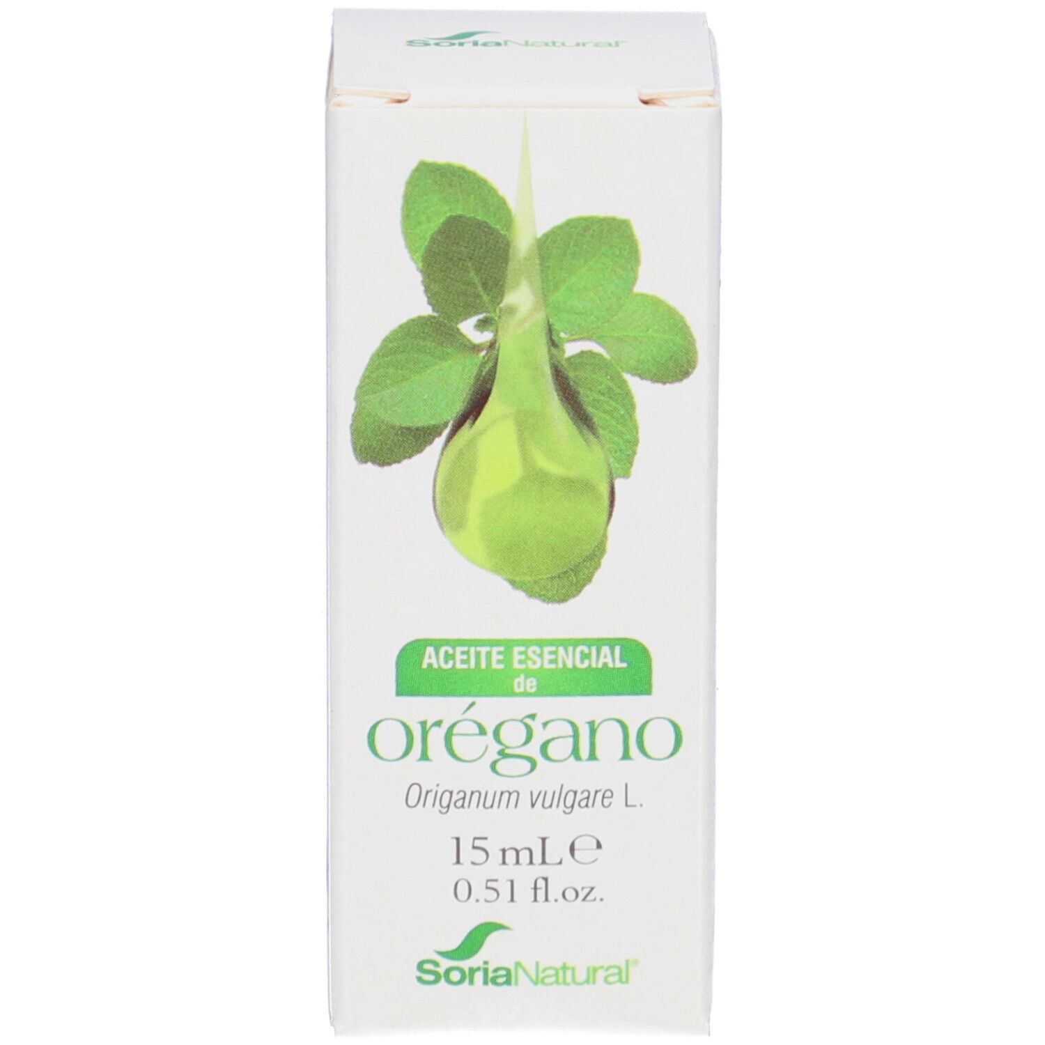 Boîte blanche avec étiquette verte et graphique de trèfle. Nom du produit et marque SoriaNatural®.