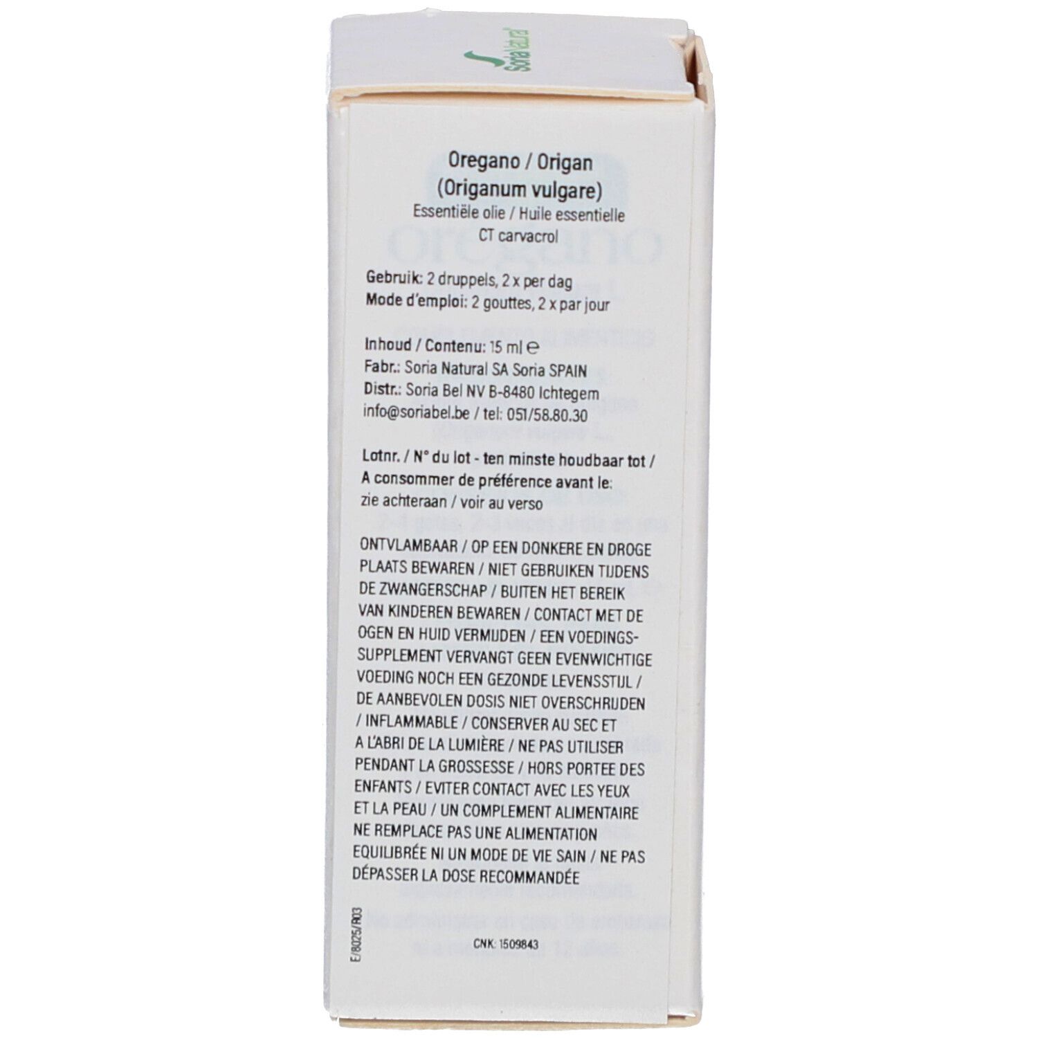 Dos de la boîte blanche. Texte en plusieurs langues. Informations sur le produit et détails du fabricant.