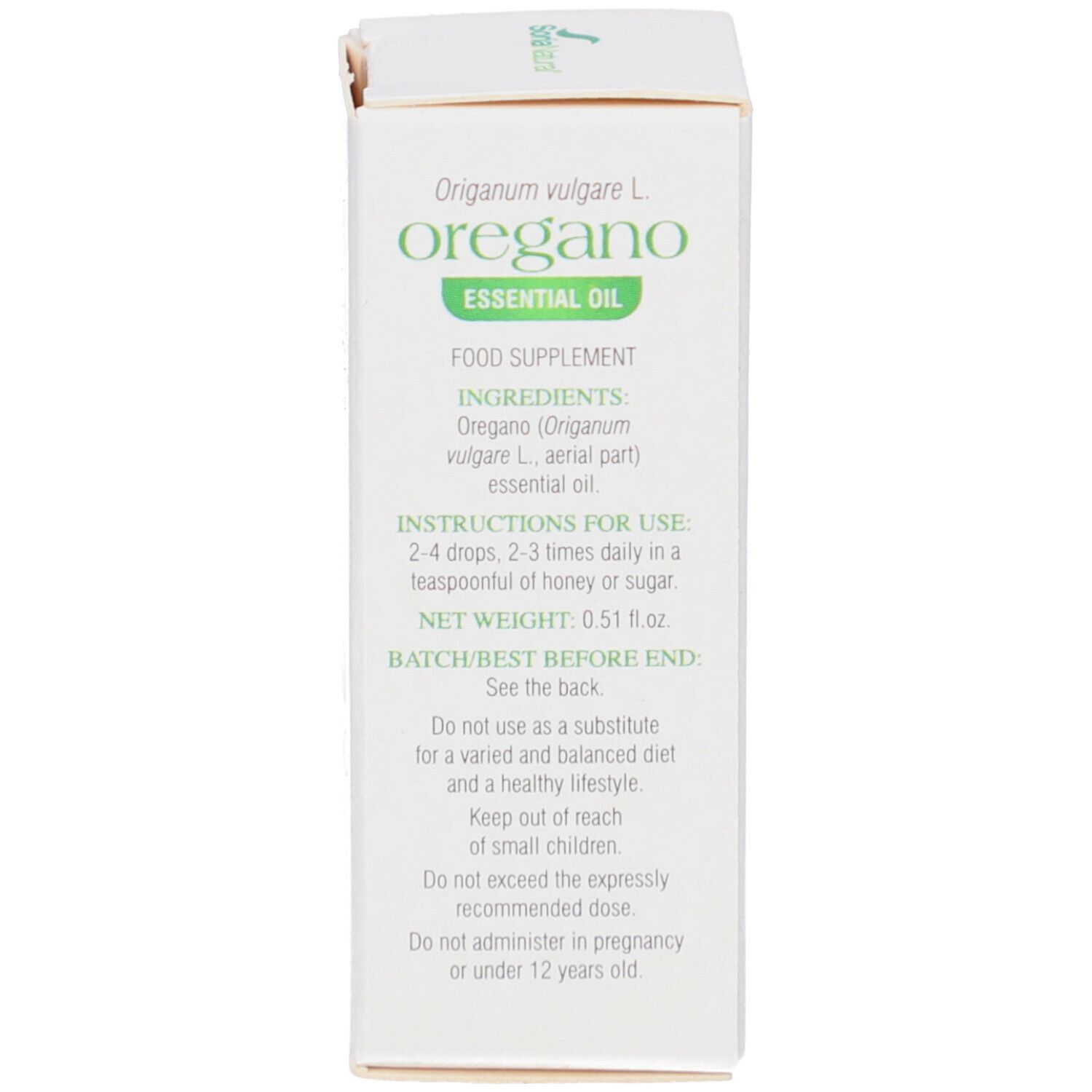 Boîte blanche. Étiquette verte avec informations produit. Ingrédients, instructions d'utilisation et avertissements.