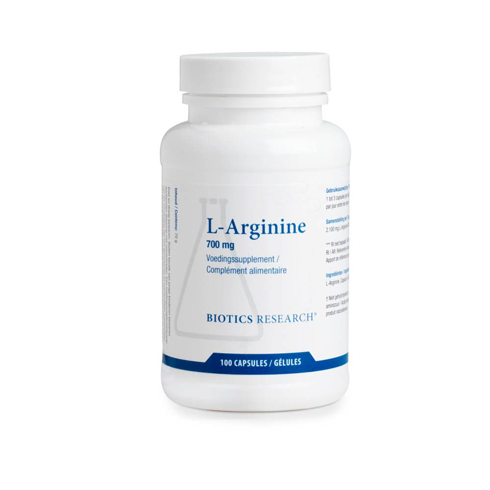 Weiße Flasche mit L-Arginin 700 mg. Aufschrift: Biotics Research. 100 Kapseln. Deckel.