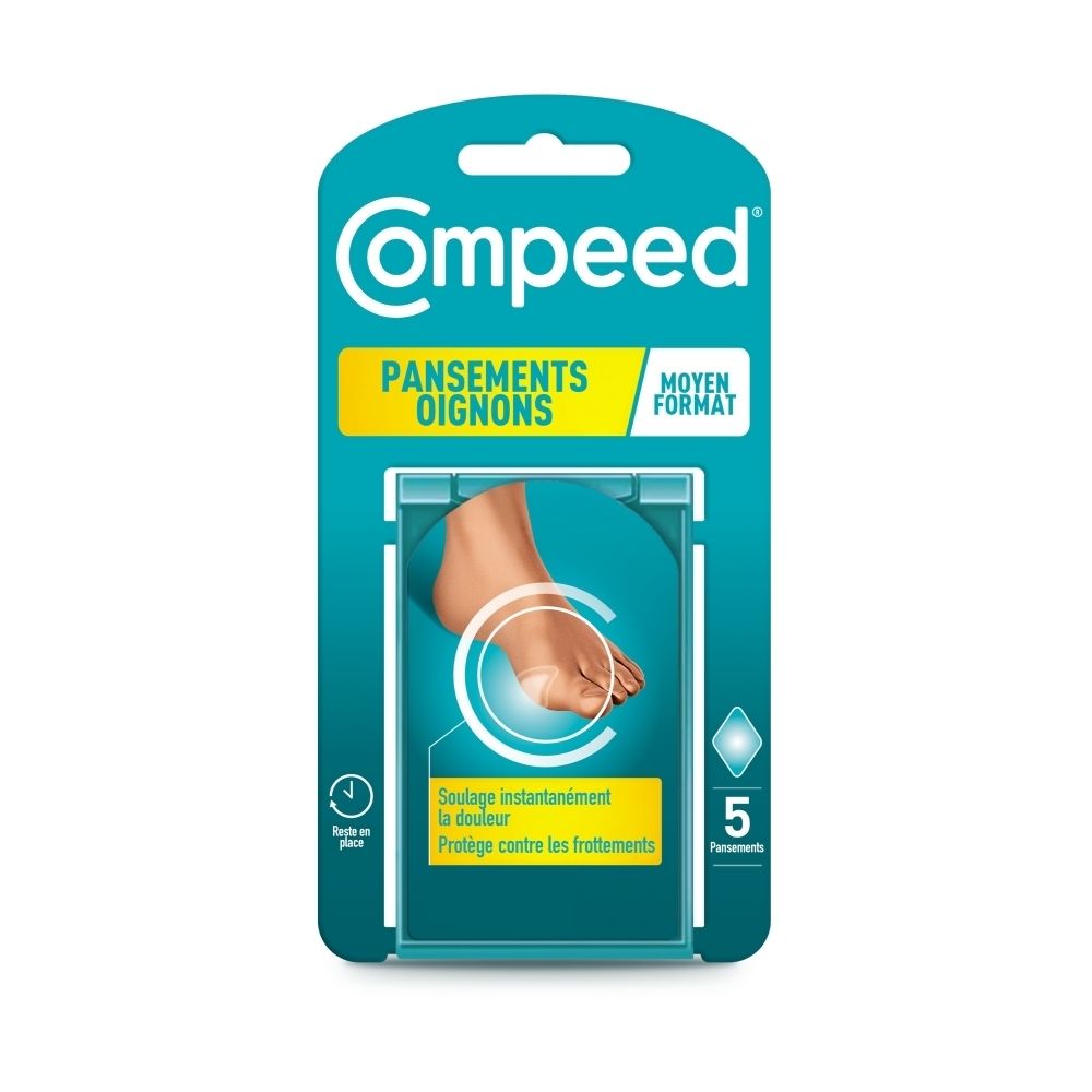 Compeed® Pansements oignons. Format moyen. 5 pansements. Pied avec pansement.
