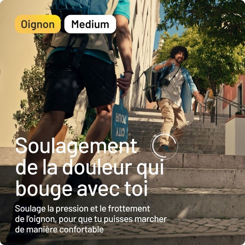 Deux personnes descendent un escalier. Texte: Soulagement de la douleur qui bouge avec vous.