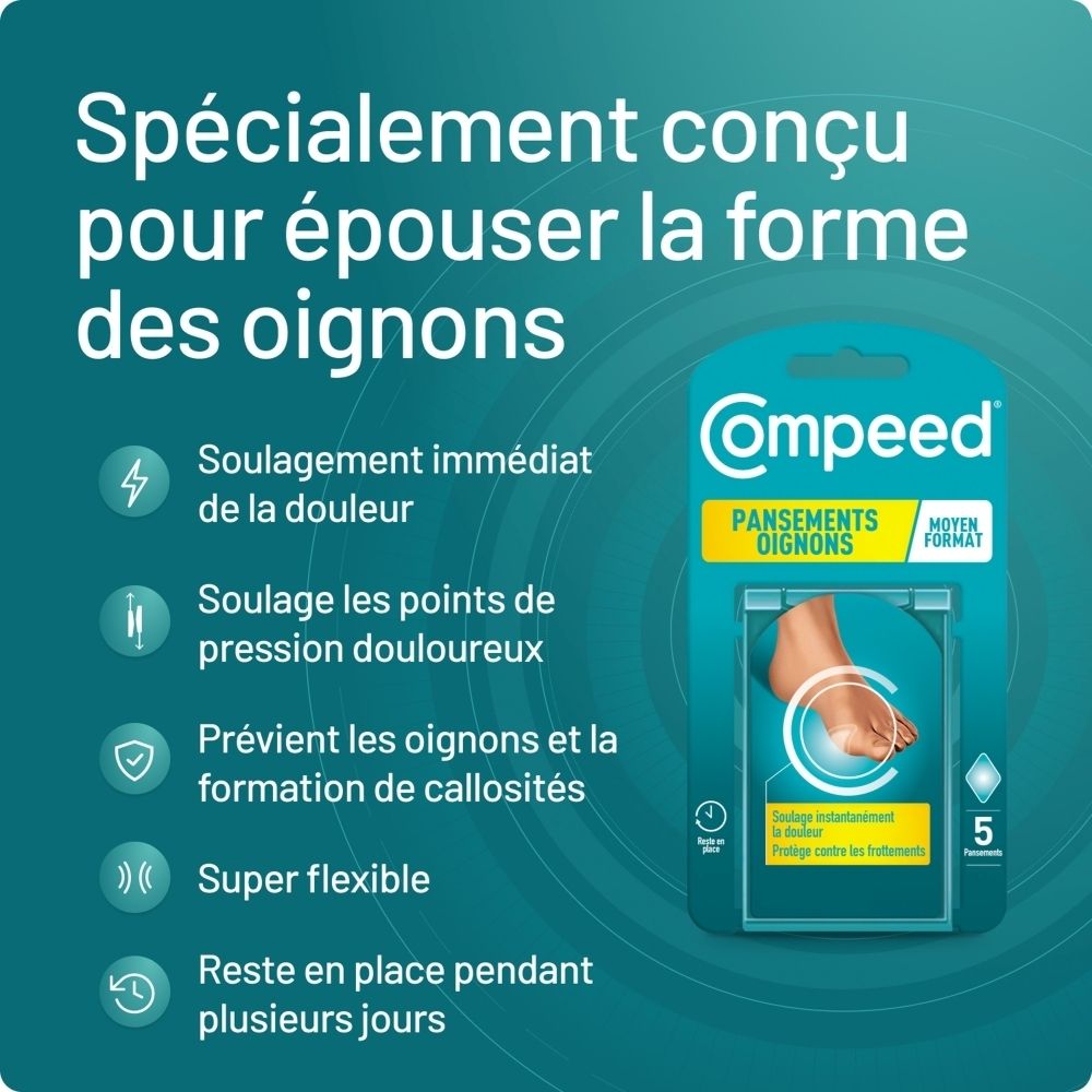 Compeed® Pansements oignons. Texte: Spécialement conçu pour épouser la forme des oignons. 5 pansements.