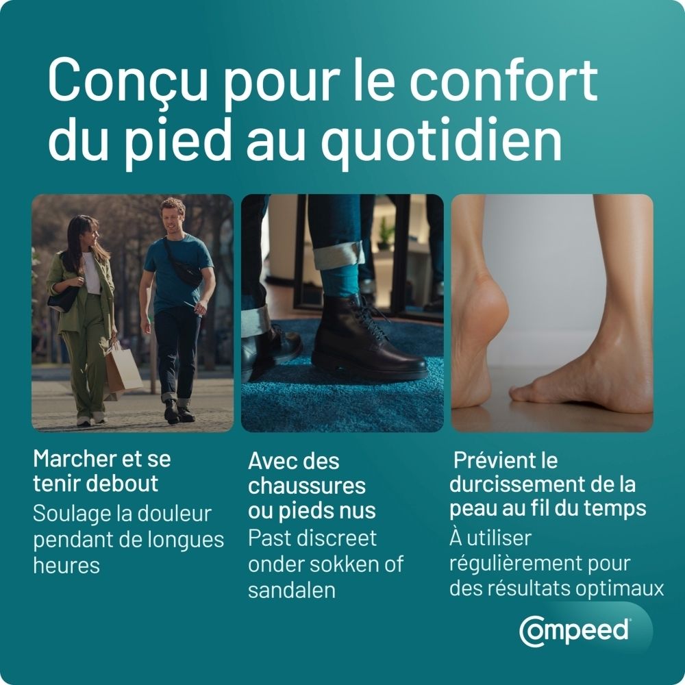 Trois images montrent des pieds dans différentes situations. Texte: Conçu pour le confort du pied au quotidien.