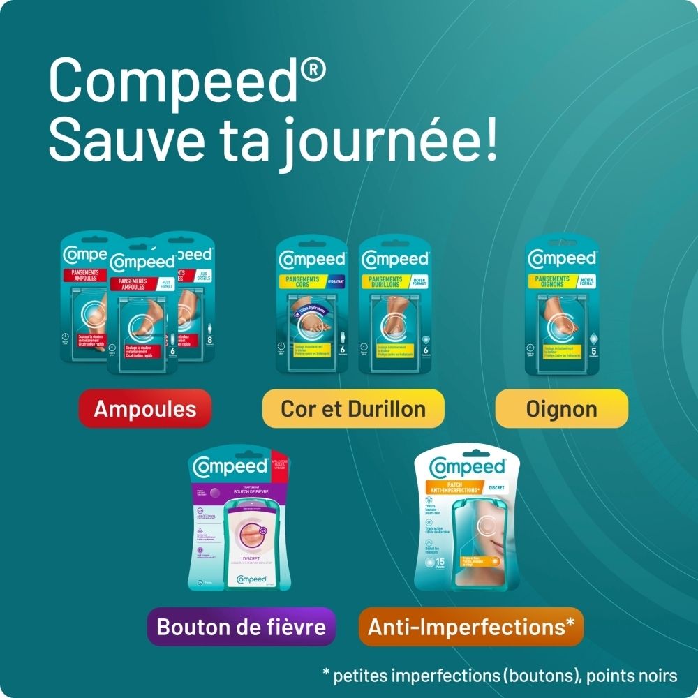 Produits Compeed®. Différents emballages: Ampoules, cors, bouton de fièvre, anti-imperfections.