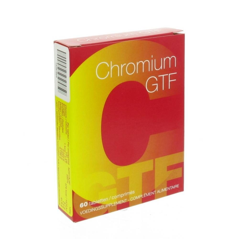 Boîte rouge et jaune avec texte "Chromium GTF". Contient 60 comprimés. Inscription : Complément alimentaire.