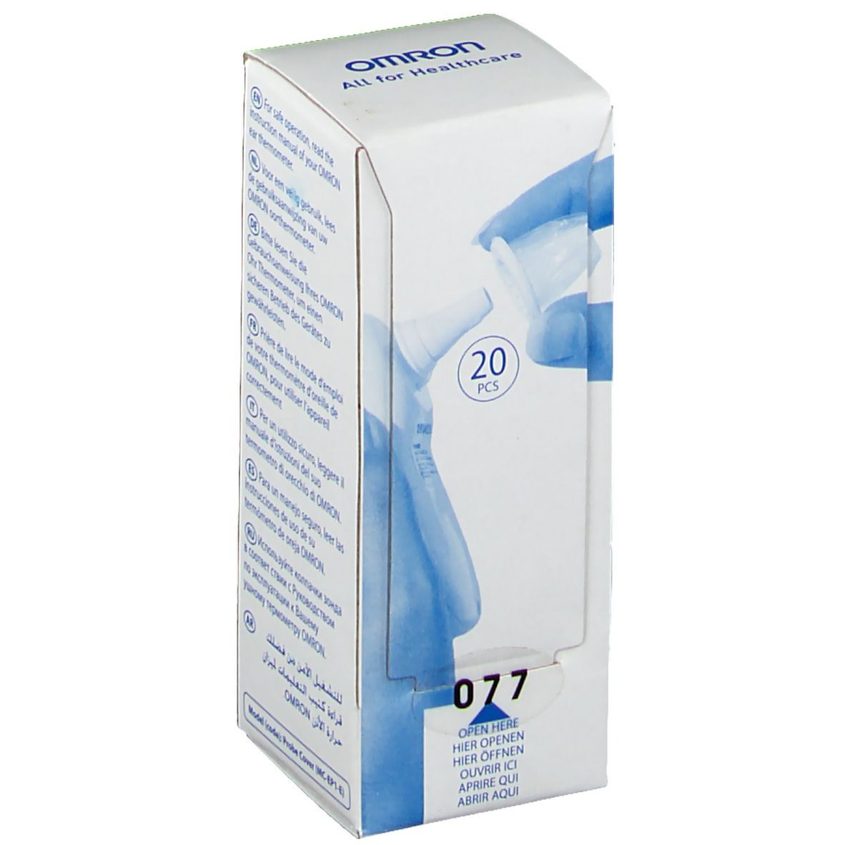 Weiße Verpackung mit OMRON-Logo und Abbildung von Ohr-Thermometer-Hüllen. Enthält 20 Stück. Aufdruck: 077.