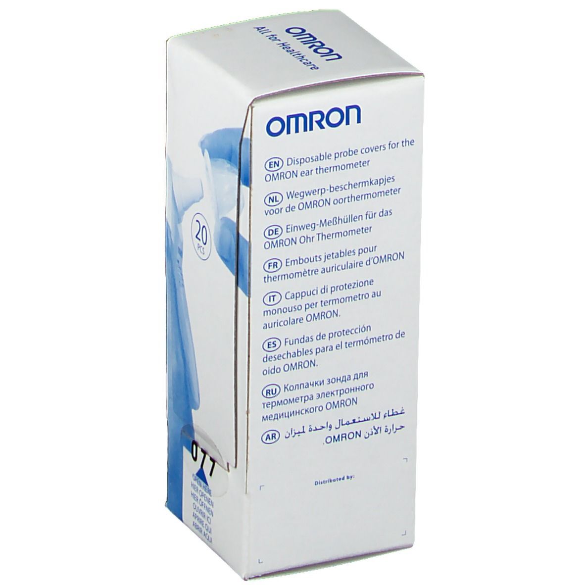 Weiße Verpackung mit OMRON-Logo und Text in mehreren Sprachen: Einweg-Messhüllen für Ohr-Thermometer.