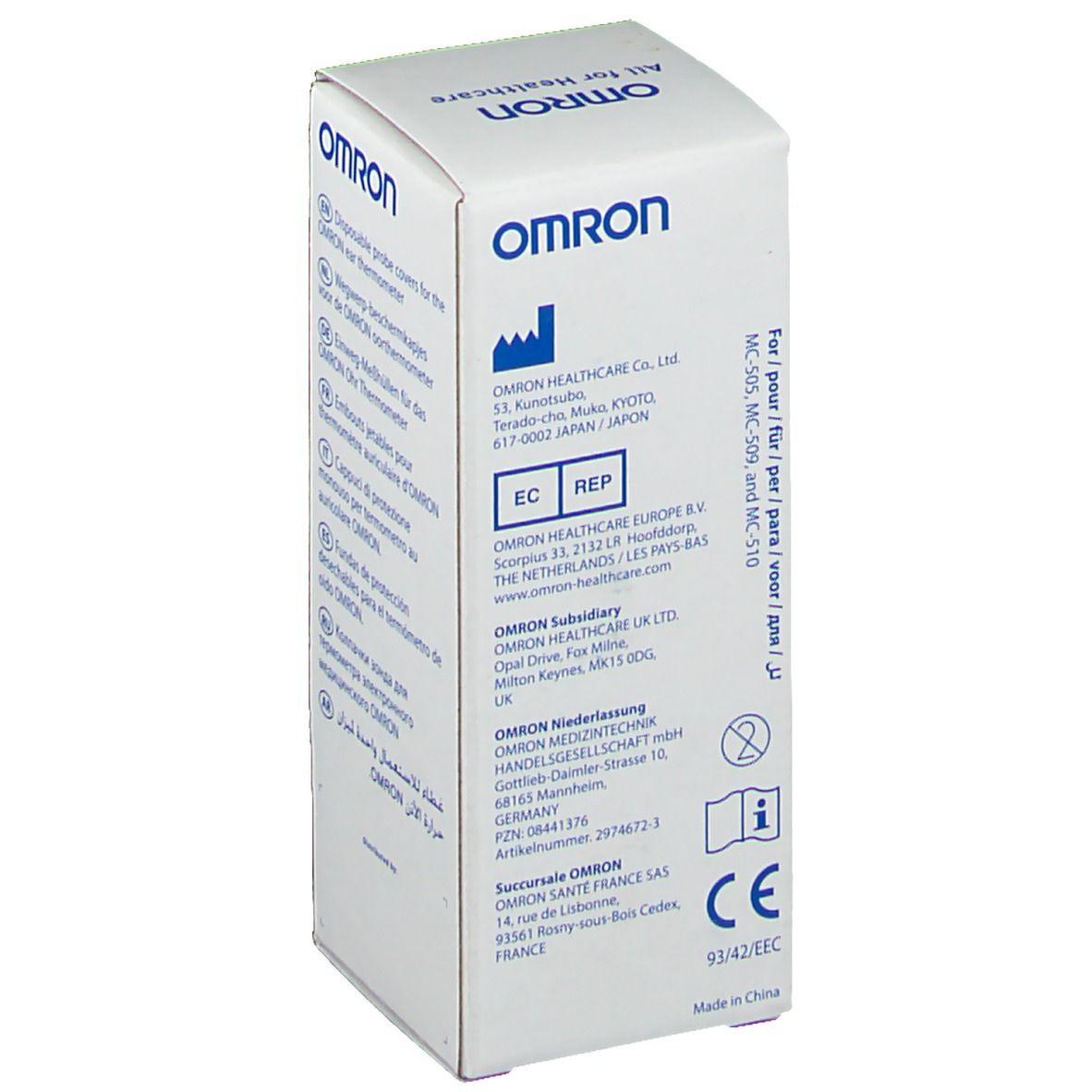 Weiße Verpackung mit OMRON-Logo, Adressinformationen und CE-Kennzeichnung. Aufdruck: MC-510, MC-509, MC-510.