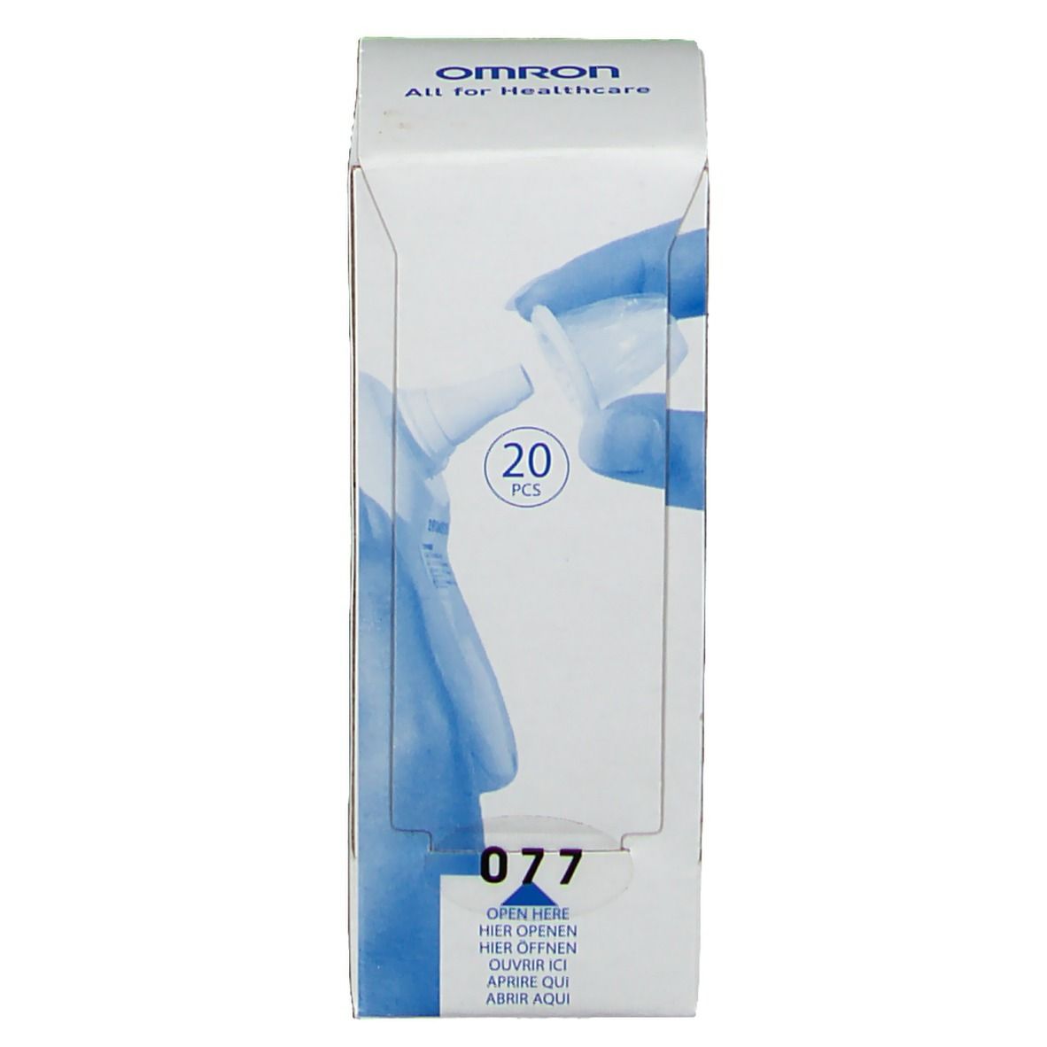 Weiße Verpackung mit OMRON-Logo und Abbildung von Ohr-Thermometer-Hüllen. Enthält 20 Stück. Aufdruck: 077.