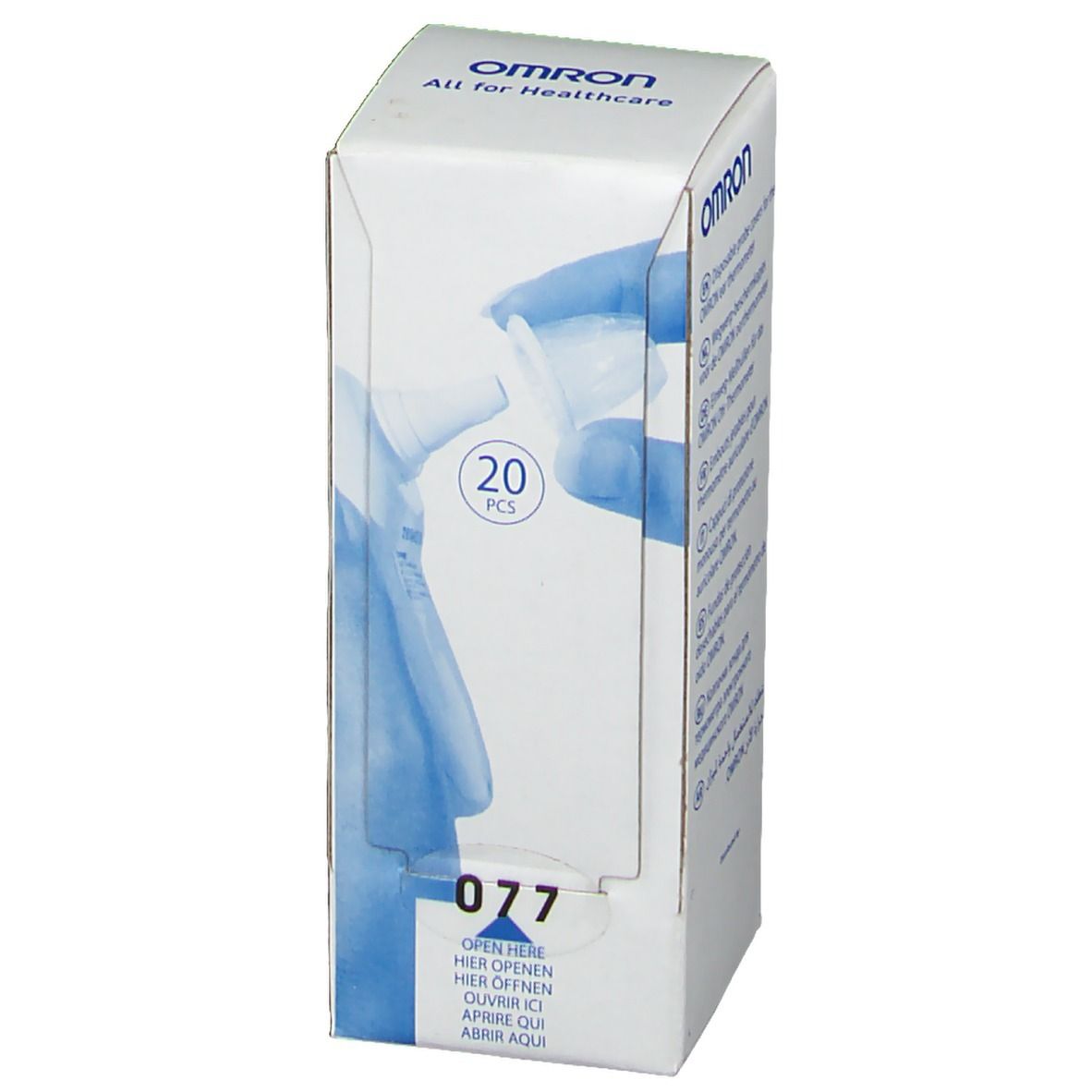 Weiße Verpackung mit OMRON-Logo und Abbildung von Ohr-Thermometer-Hüllen. Enthält 20 Stück. Aufdruck: 077.