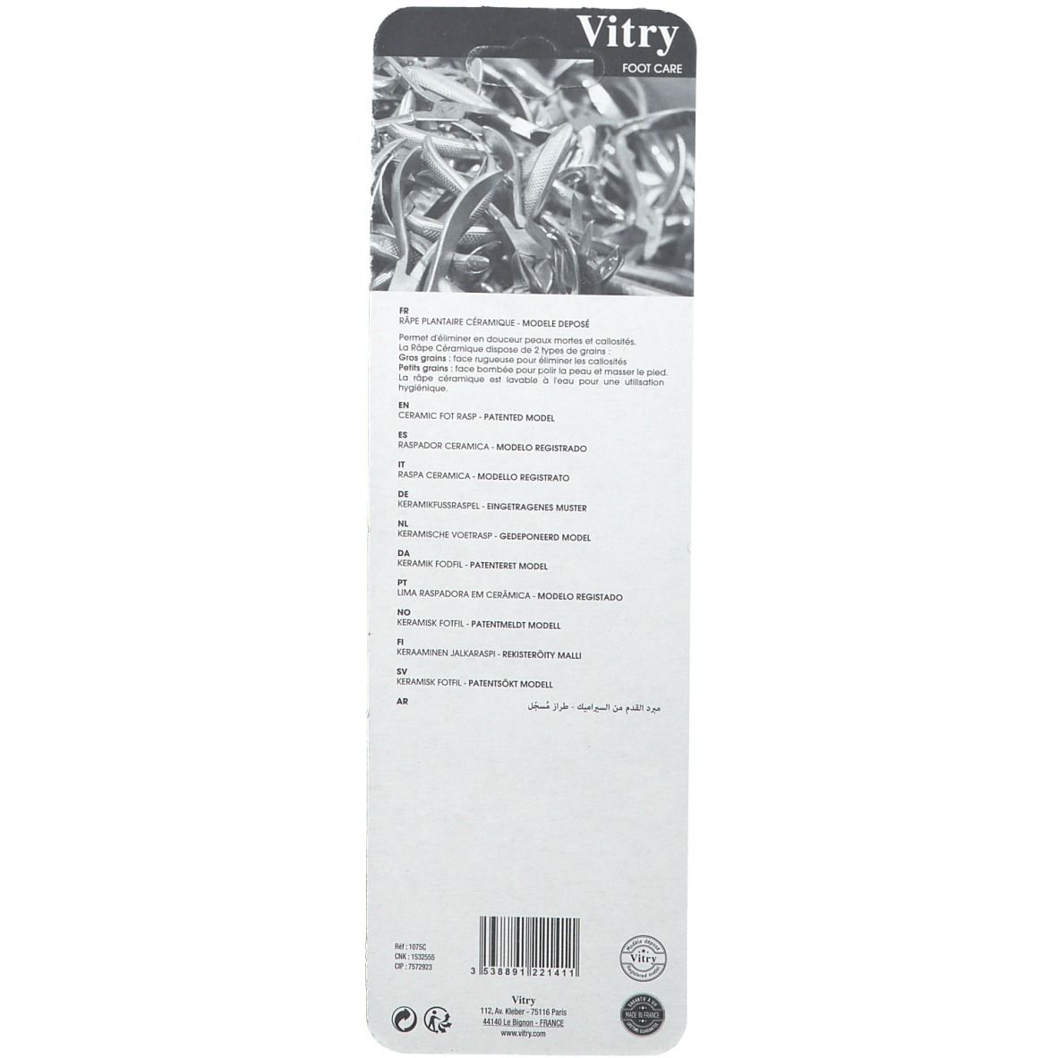 Rückseite der Produktverpackung. Text in mehreren Sprachen, Produktname, Logo und Barcode.