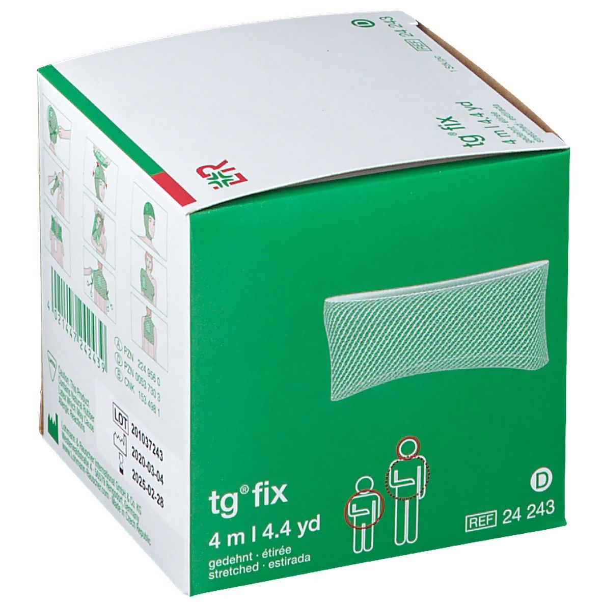 Emballage en carton avec illustration du produit et pictogrammes. Le produit est une bande tubulaire élastique.