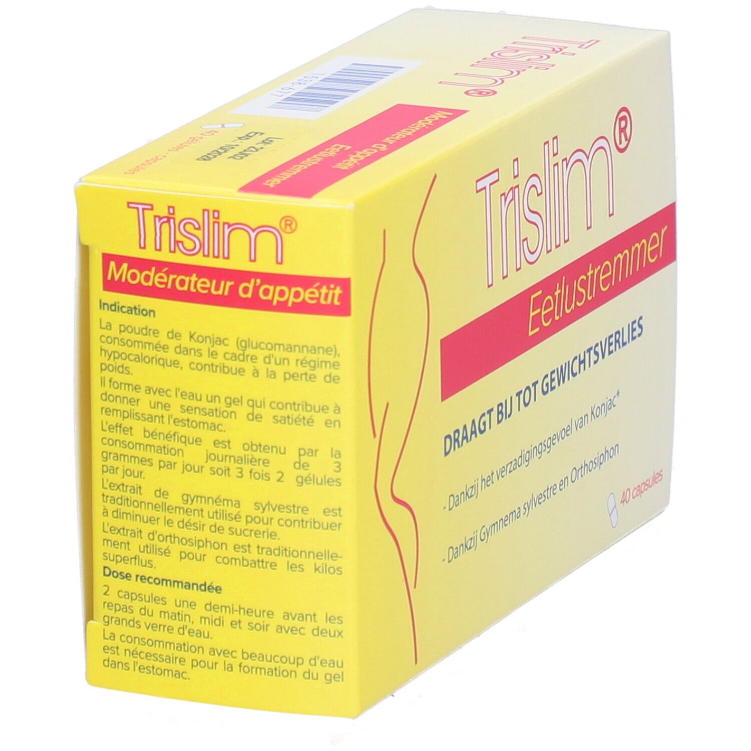 Boîte jaune avec bande rouge. Inscription Trislim®, Eetlustremmer. Contient 40 gélules. Texte en néerlandais et français.