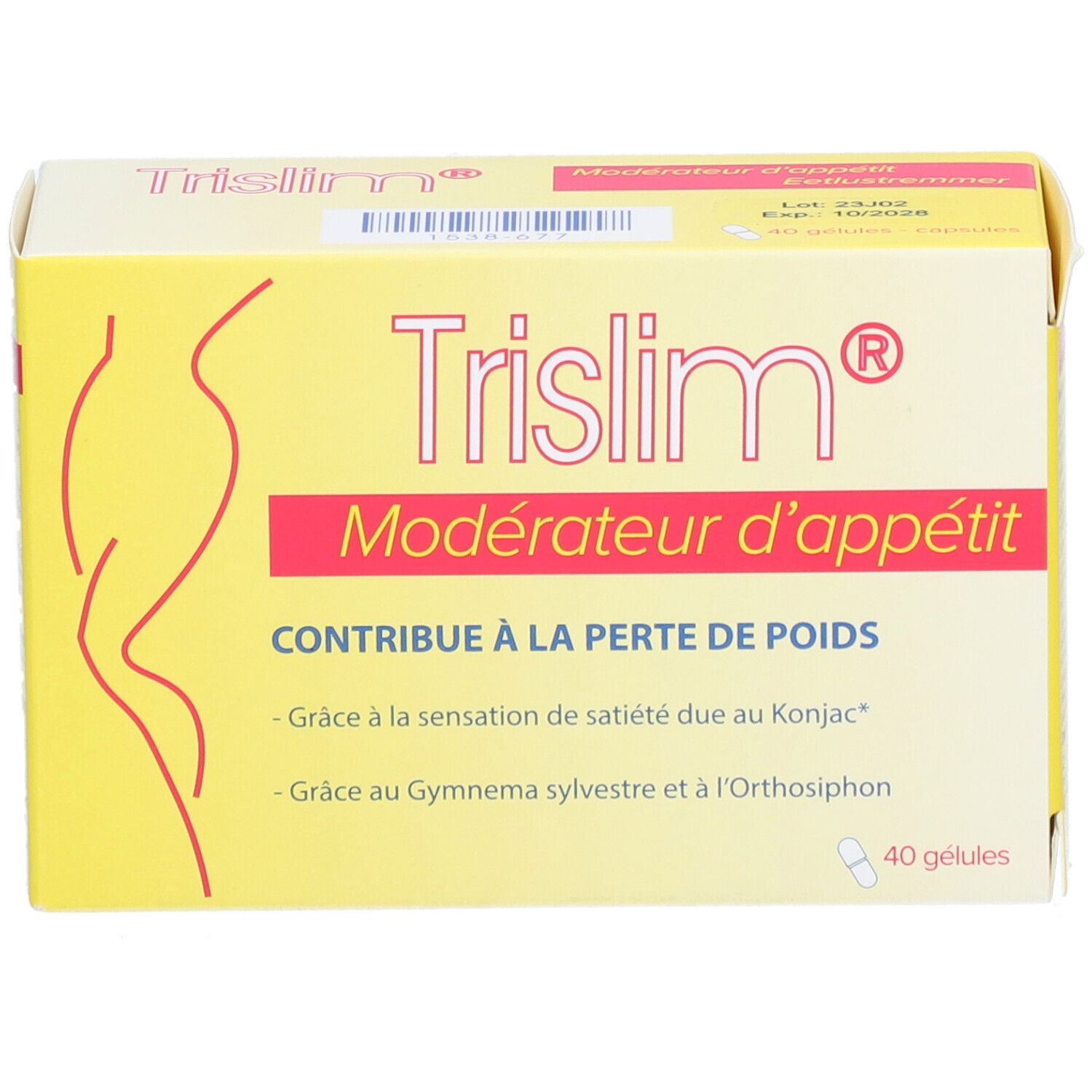 Boîte jaune avec bande rouge. Inscription Trislim®, Modérateur d'appétit. Contient 40 gélules. Texte en français.