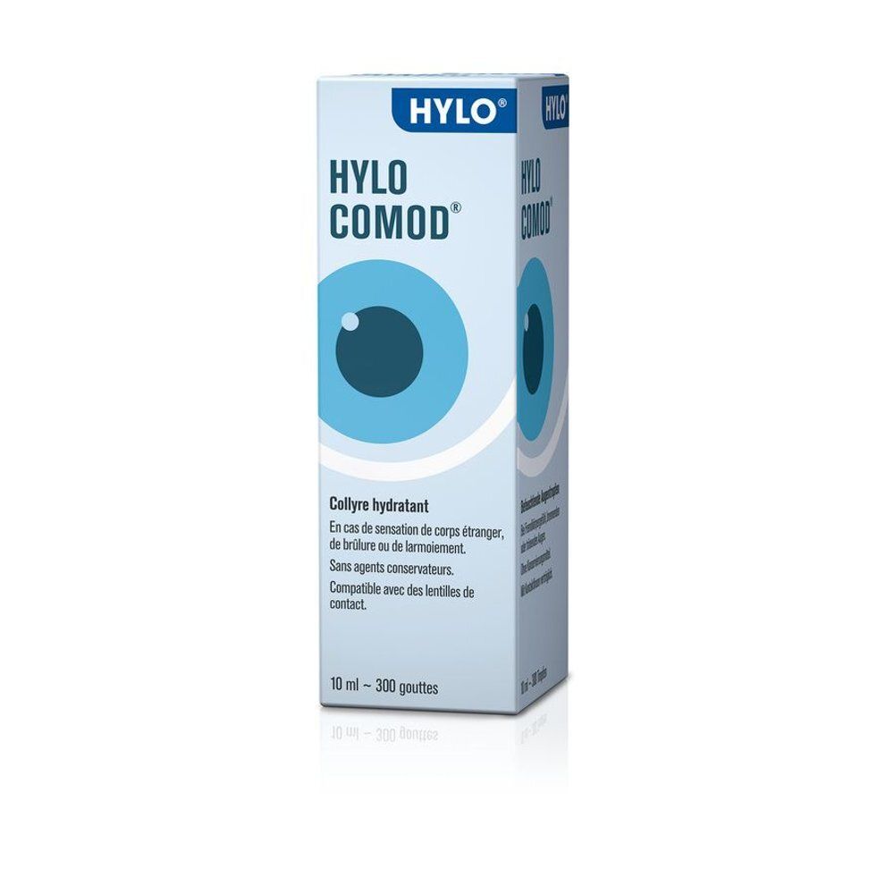 Flacon et boîte HYLO-COMOD® gouttes oculaires (français). 10 ml.