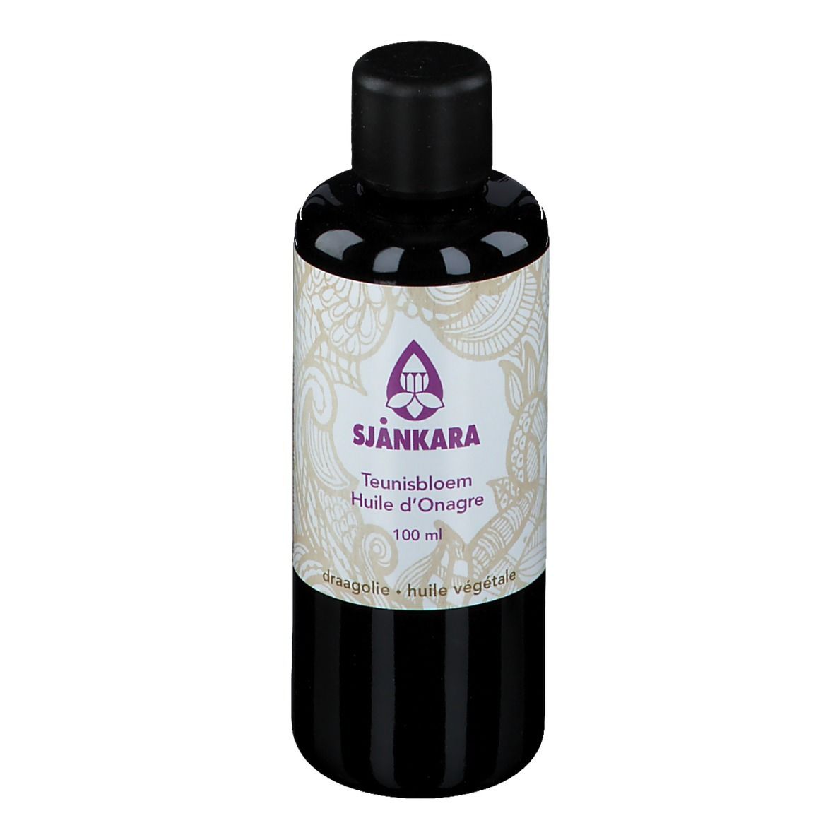 Dunkle Flasche mit schwarzem Deckel. Etikett mit Produktnamen, Logo und Text. 100 ml.