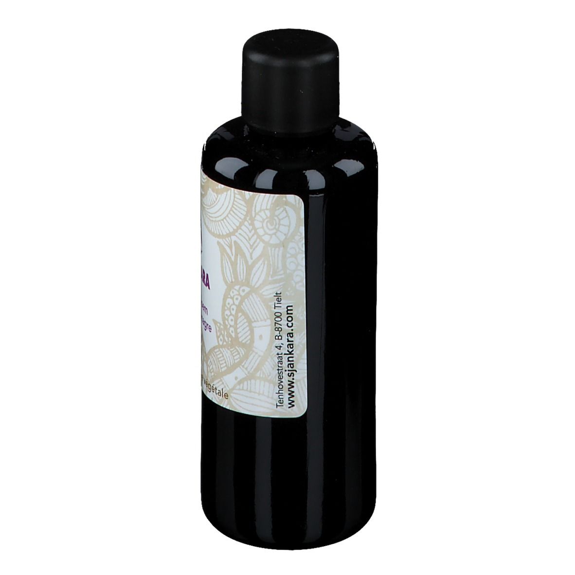 Dunkle Flasche mit schwarzem Deckel. Etikett mit Produktnamen, Logo und Text. Website-Adresse.