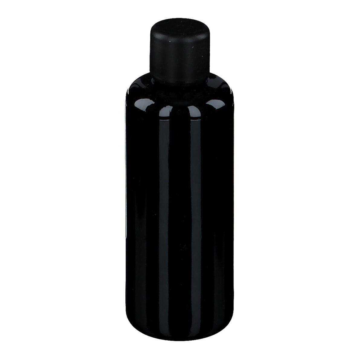 Dunkle, zylindrische Flasche mit schwarzem Deckel. Glänzende Oberfläche.