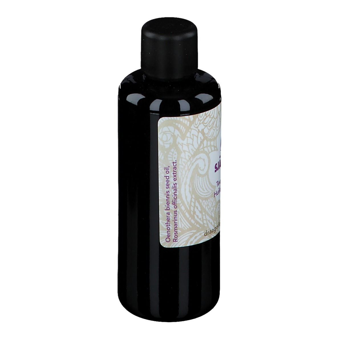 Dunkle Flasche mit schwarzem Deckel. Etikett mit Produktnamen, Logo und Text. Pflanzenextrakt.
