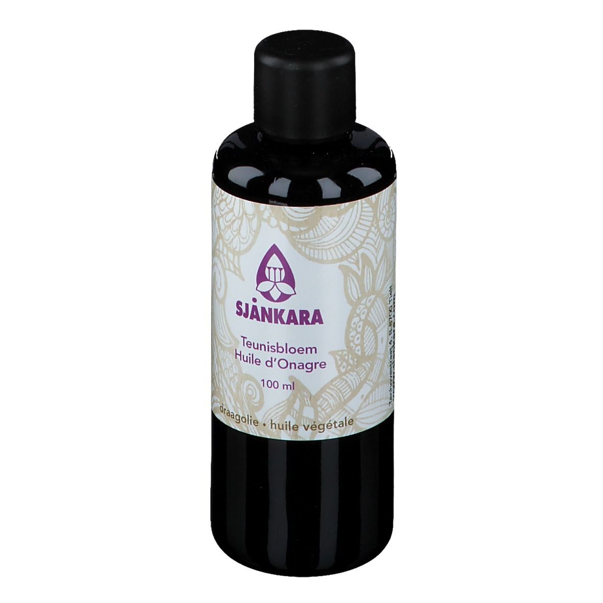 Dunkle Flasche mit schwarzem Deckel. Etikett mit Produktnamen, Logo und Text. 100 ml.