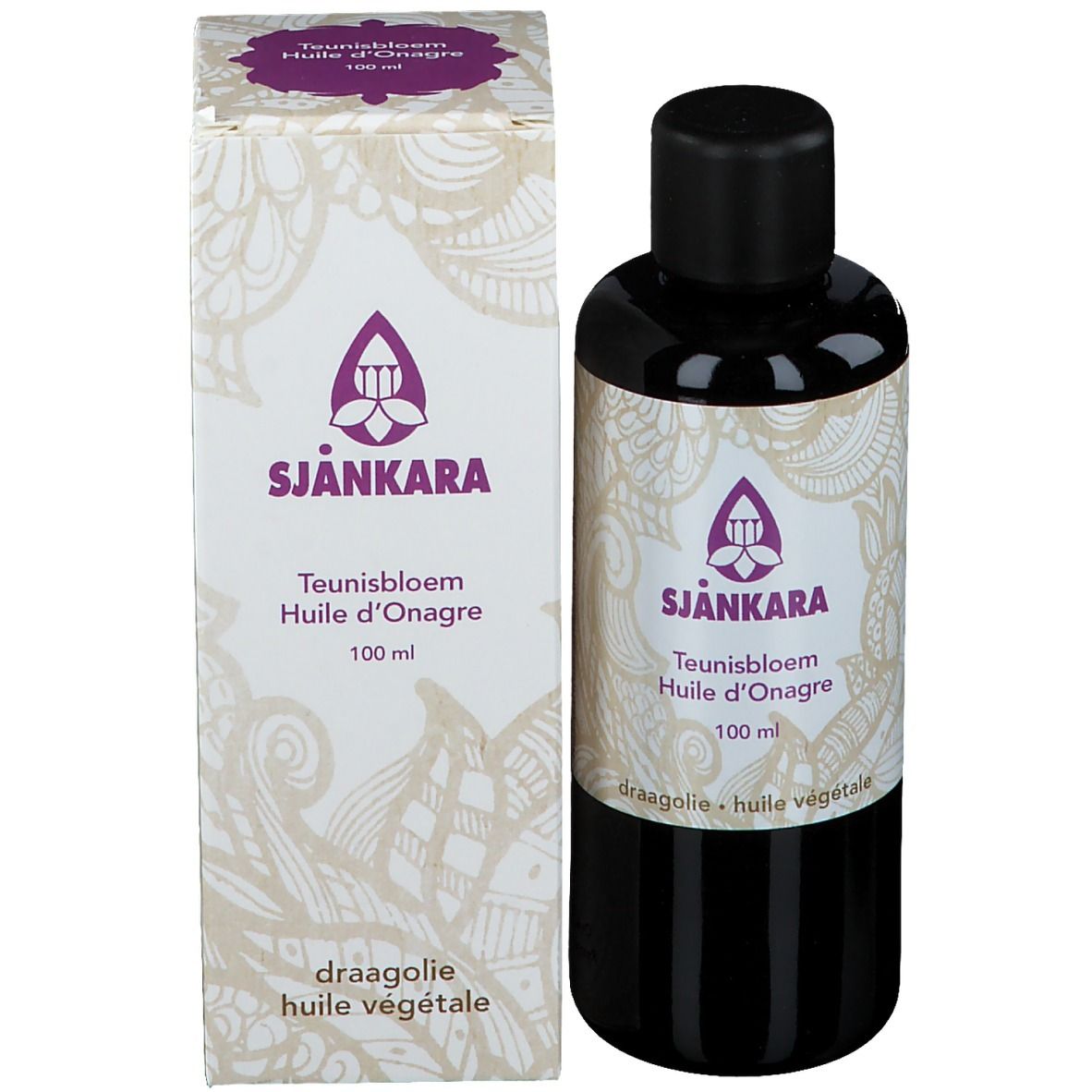 Produktflasche und Verpackung. Flasche mit schwarzem Deckel, Etikett. Verpackung mit Logo und Text. 100 ml.