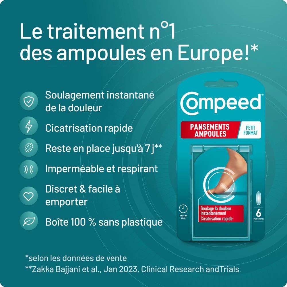 Compeed petits pansements ampoules. Boîte de 6. Pansements individuels. Pour ampoules.