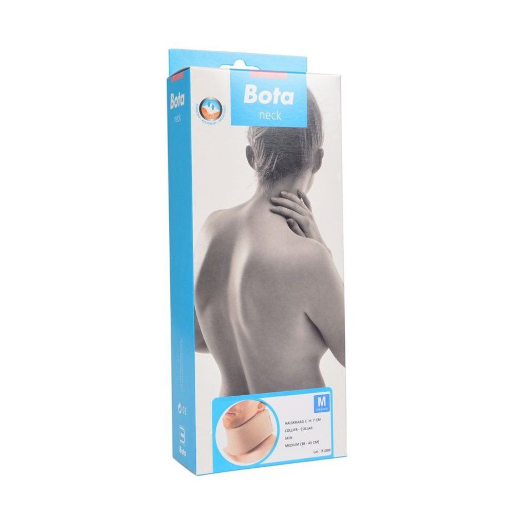 Collier cervical Bota, beige, sur le cou d'une personne. Gros plan. Clair.