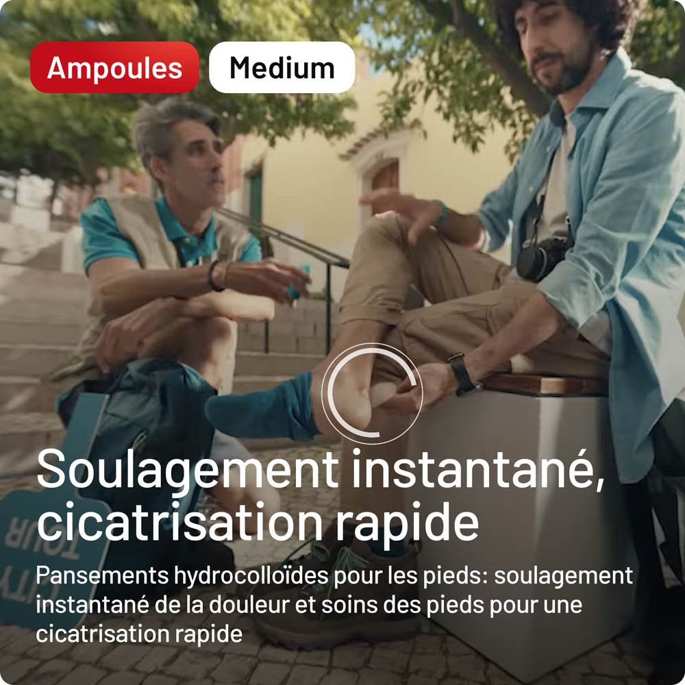 Dos de l'emballage Compeed® Blasenpflaster Medium. Texte en plusieurs langues.