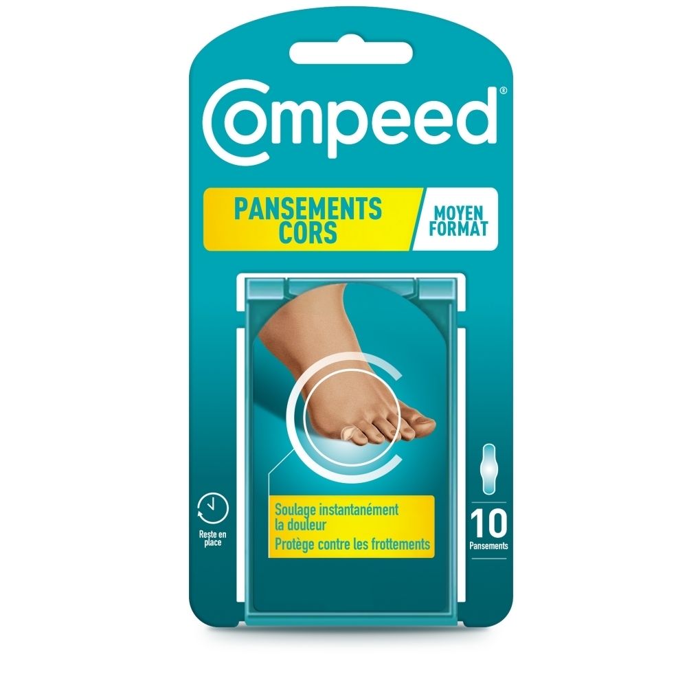 Compeed® Pansements cors Medium. Emballage avec image du produit et pied. 10 pansements.