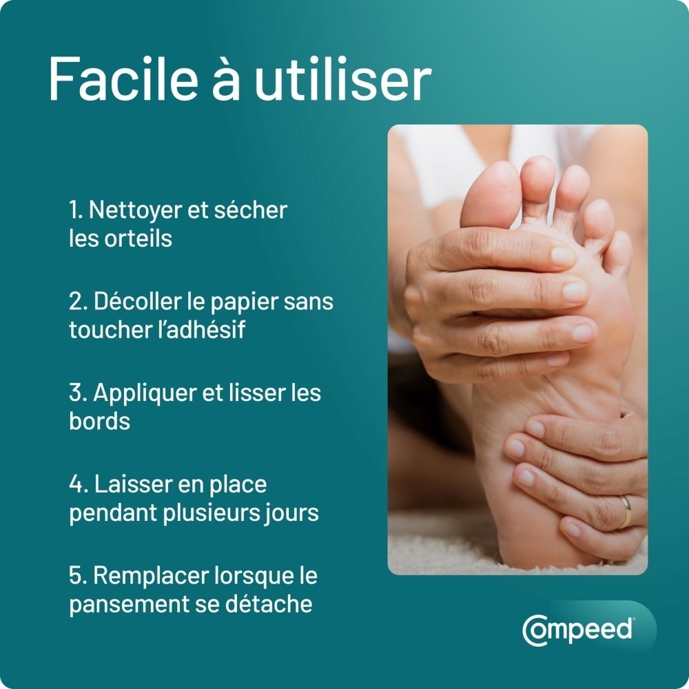 Compeed® Pansements cors Medium. Boîte ouverte avec pansements. Dimensions: 6x1,75 cm.