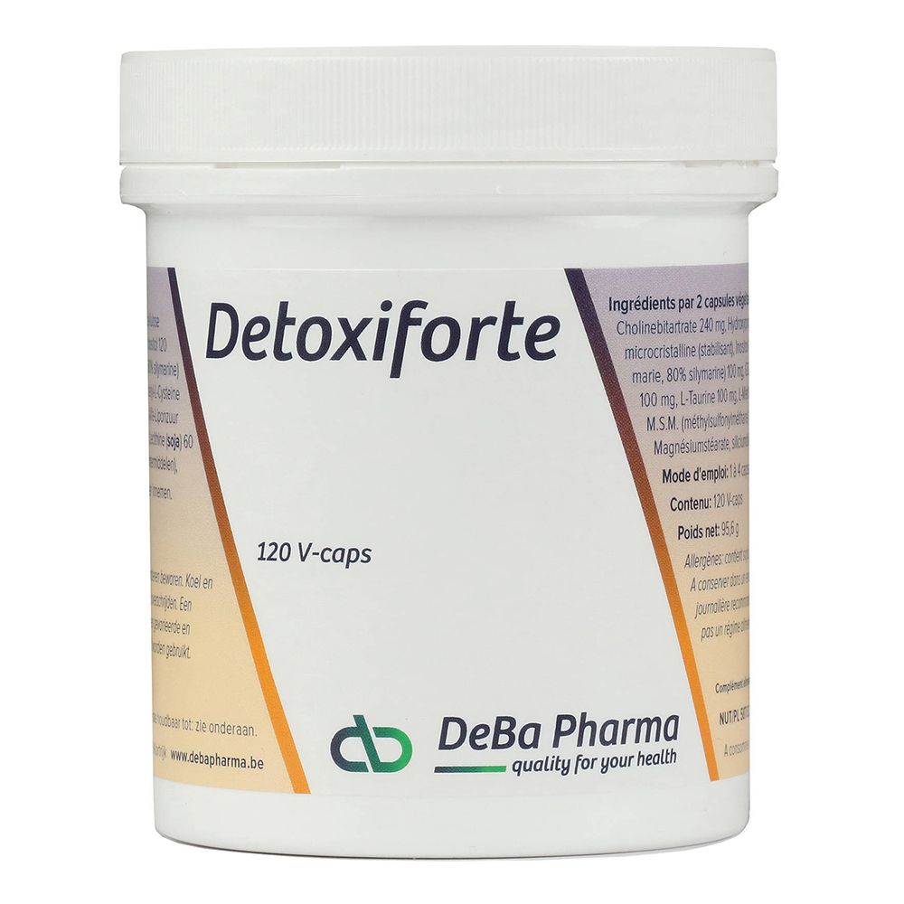 Weiße Dose mit "Detoxiforte"-Aufdruck und 120 V-Caps. DeBa Pharma Logo.