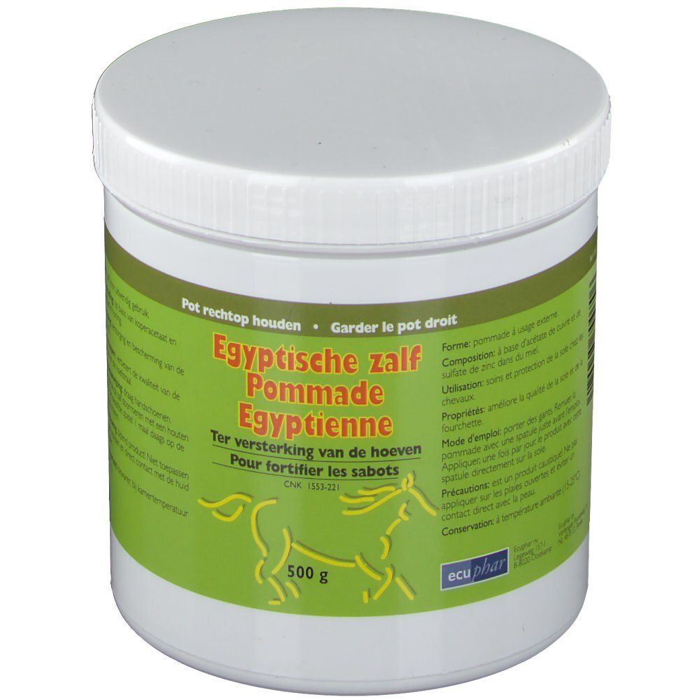 Pot blanc avec étiquette verte. Inscription: Pommade Egyptienne. 500g. Silhouette de cheval.