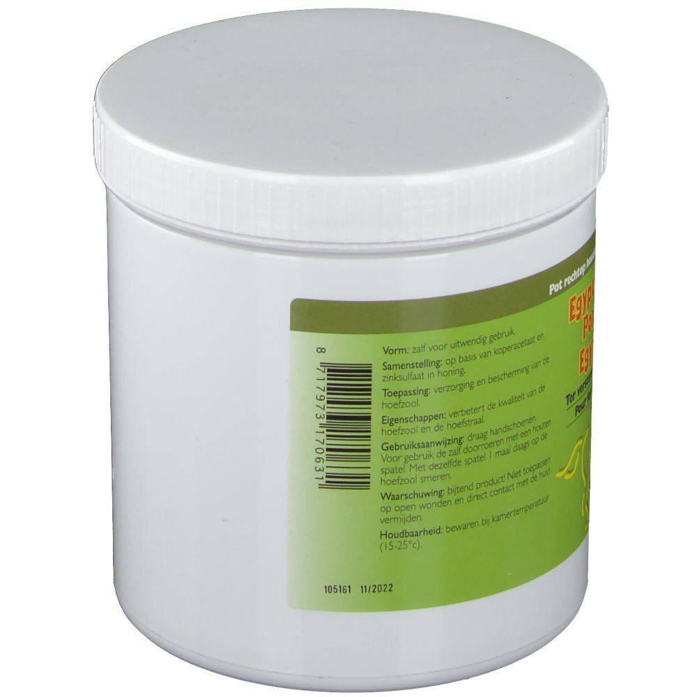 Pot blanc avec étiquette verte et code-barres. Vue arrière. Texte en néerlandais.