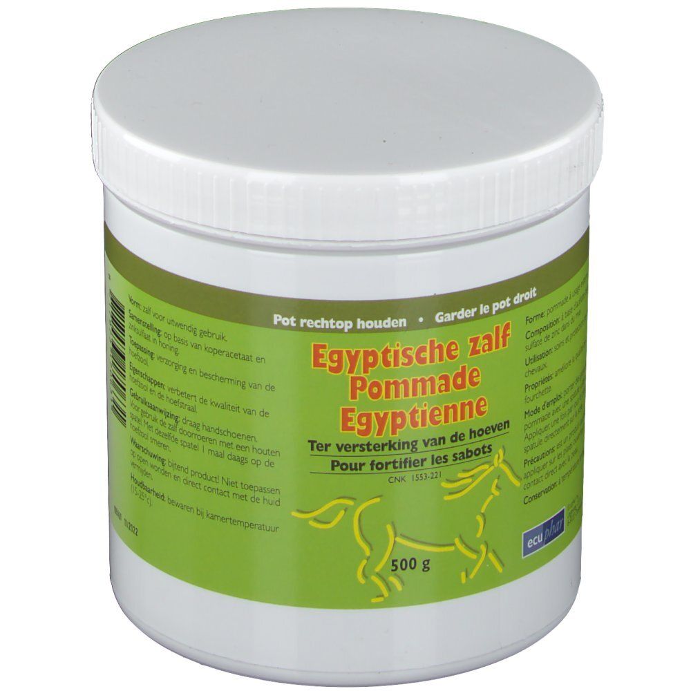 Pot blanc avec étiquette verte. Inscription: Pommade Egyptienne. 500g. Silhouette de cheval.