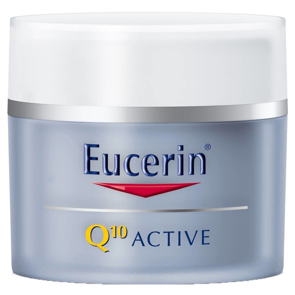 Cremebehälter mit weißem Deckel. Eucerin-Logo und Q10 Active-Schriftzug.