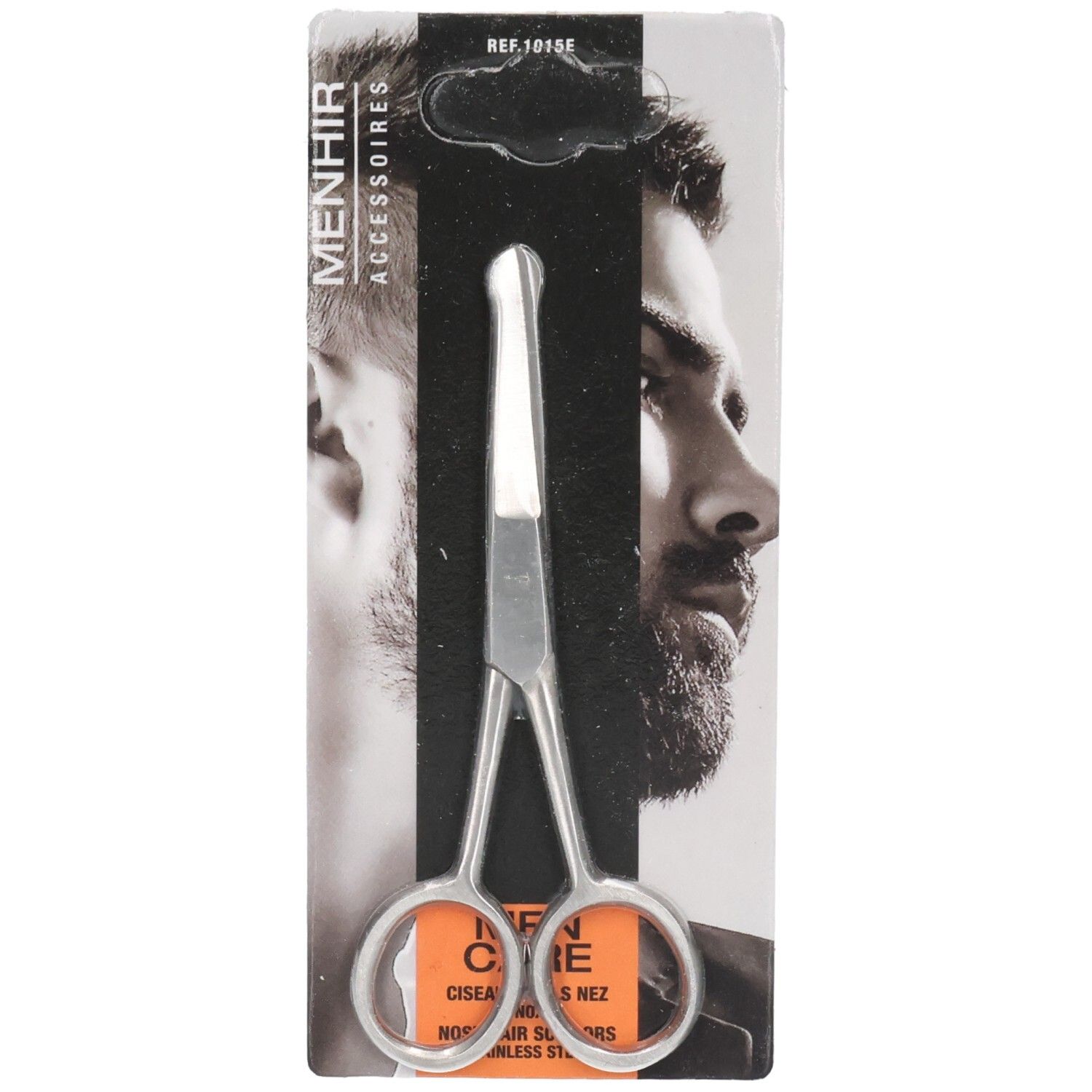 Silberne Nasenhaarschere in Verpackung. Menhir Accessoires. Aufdruck: Men Care, Ciseaux Nez, Edelstahl.